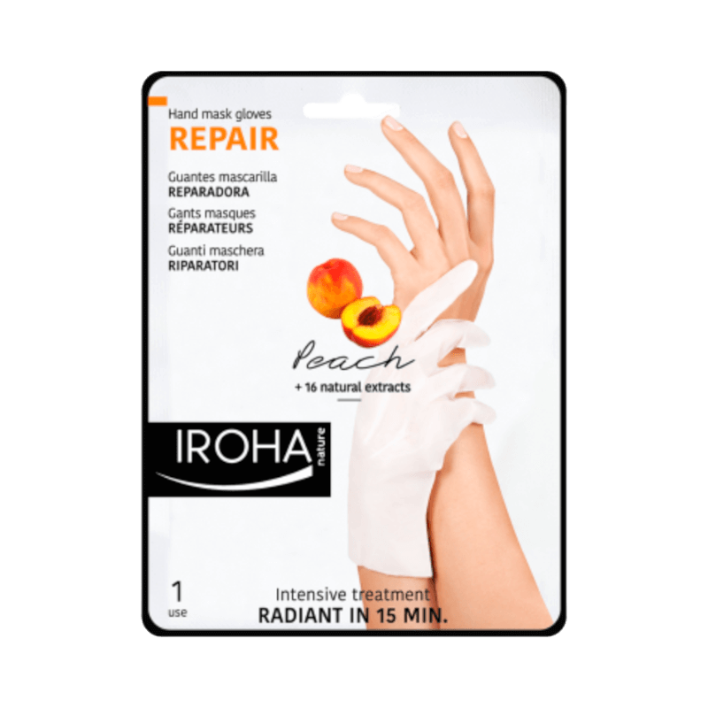 Iroha handmask med persika och 16 extrakt för intensiv återfuktning och mjukare händer på 15 minuter.