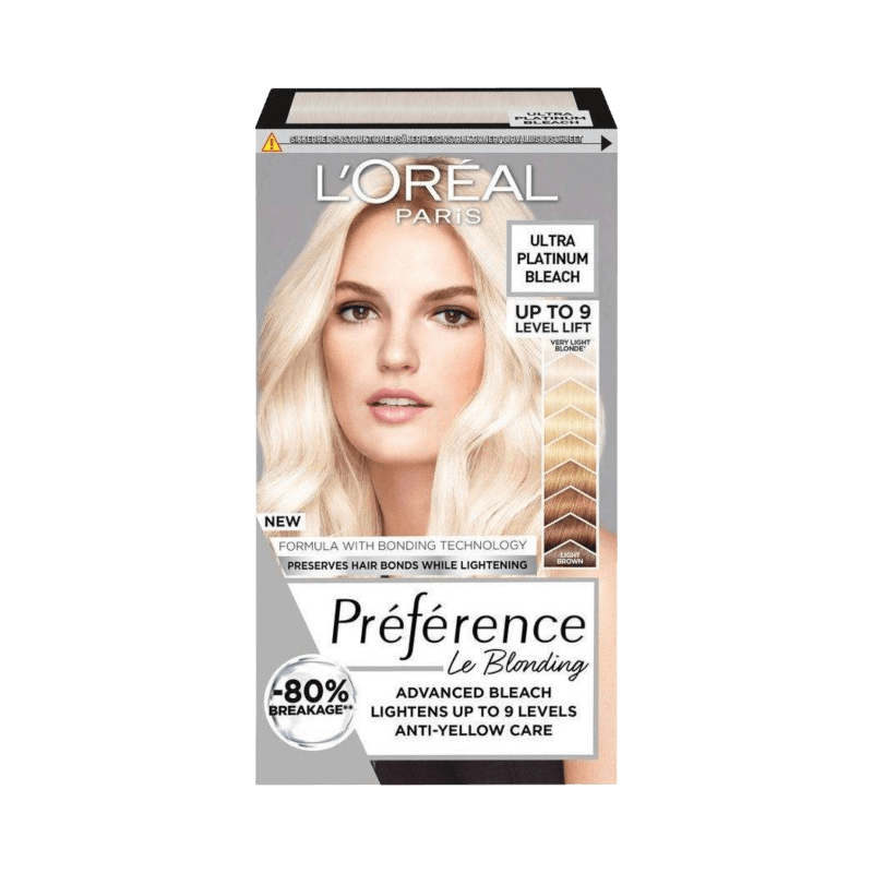 L’Oréal Préférence Ultra Platinum blekning som ljusar upp upp till 9 nivåer med anti-gult effekt.
