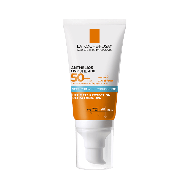 Solskyddskräm från La Roche-Posay med SPF 50+, återfuktande och skyddar mot långvågig UVA.