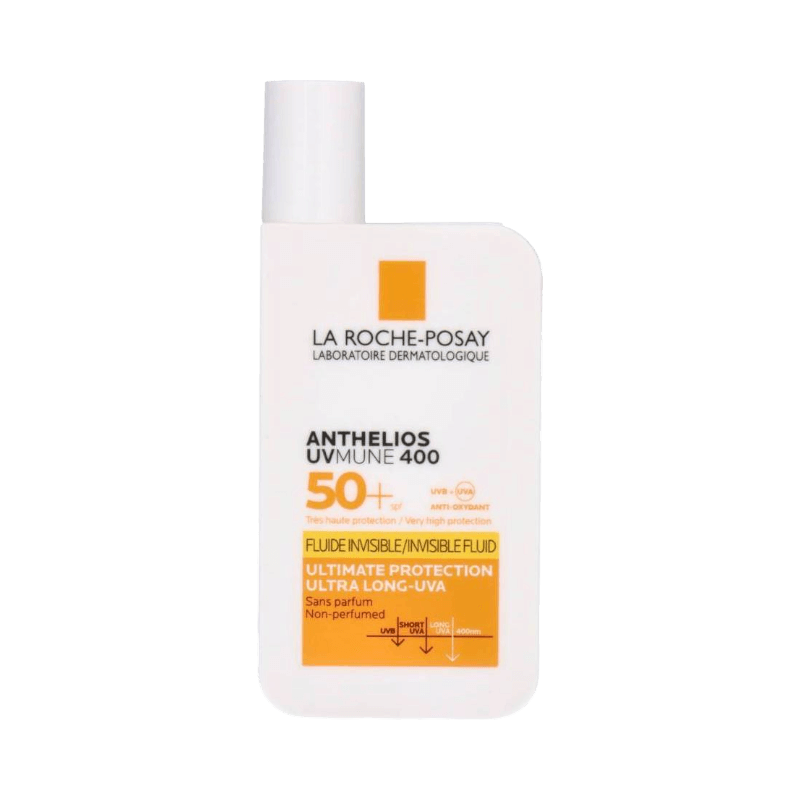 Osynlig solskyddsfluid från La Roche-Posay med SPF 50+, parfymfri och ultralätt formula.