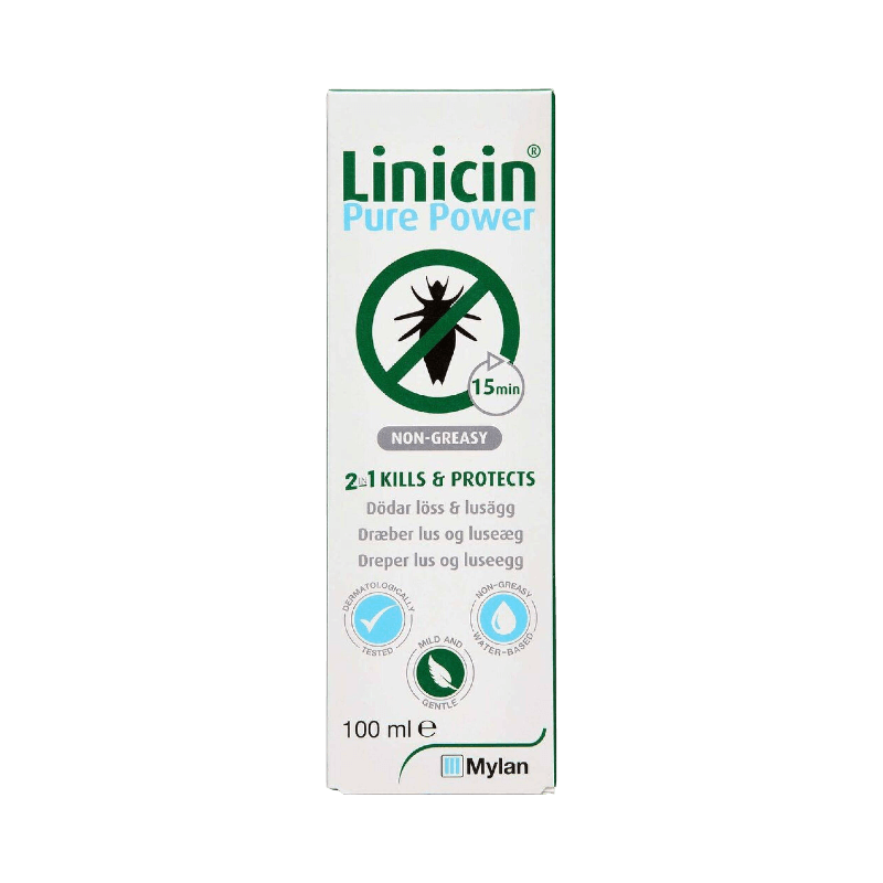 Linicin Pure Power lusmedel 100ml som dödar löss och ägg på 15 minuter utan att vara fet.