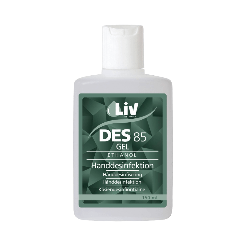 Liv DES 85 desinfektionsgel med etanol, effektiv för handhygien, 150 ml flaska.