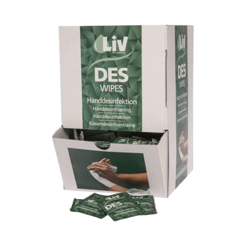 Liv DES desinfektionsservetter i displayförpackning, 250-pack för effektiv handrengöring.