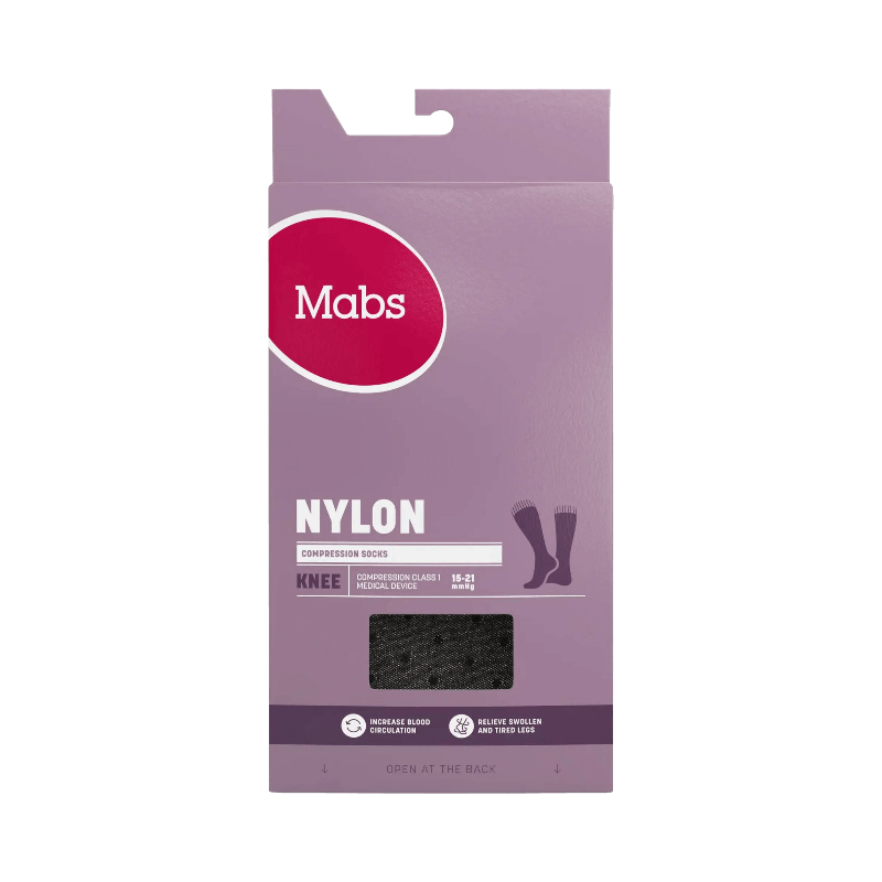 Förpackning av Mabs Nylon knästrumpor svarta klass 1 kompression för blodcirkulation