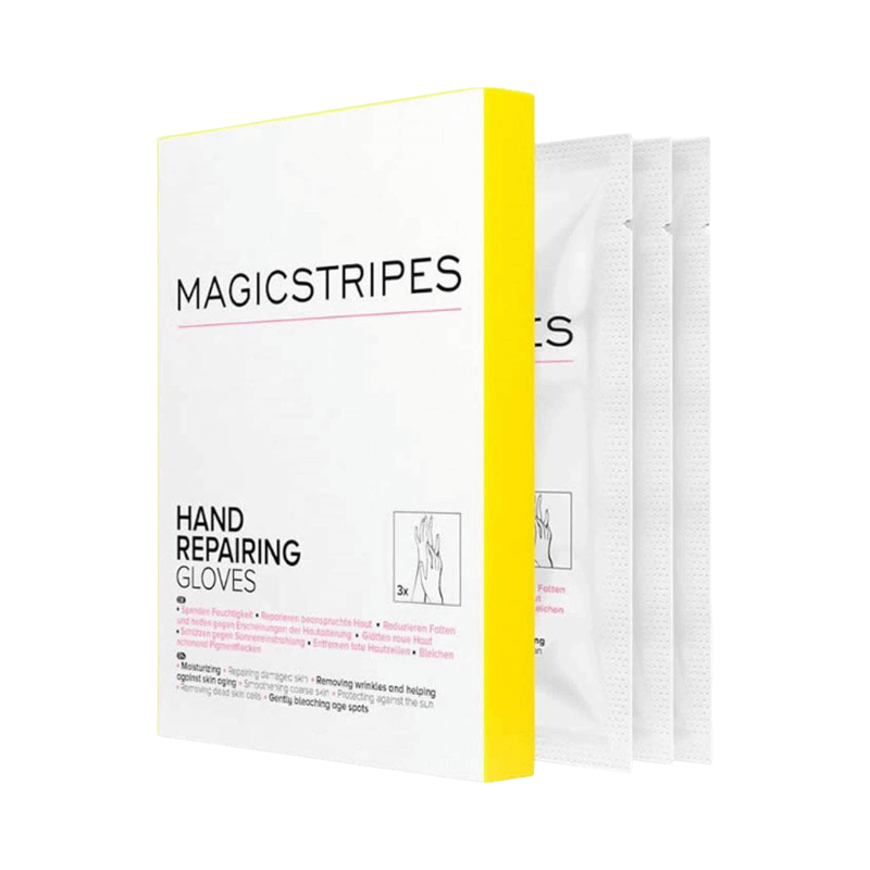 Magicstripes handmask i 3-pack som återfuktar, jämnar ut och motverkar åldrande hud på händerna.