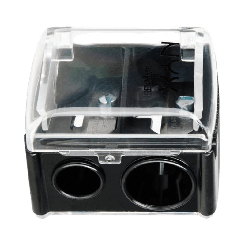 NYX duo-pennvässare i svart med transparent lock, två öppningar för olika storlekar av sminkpennor.