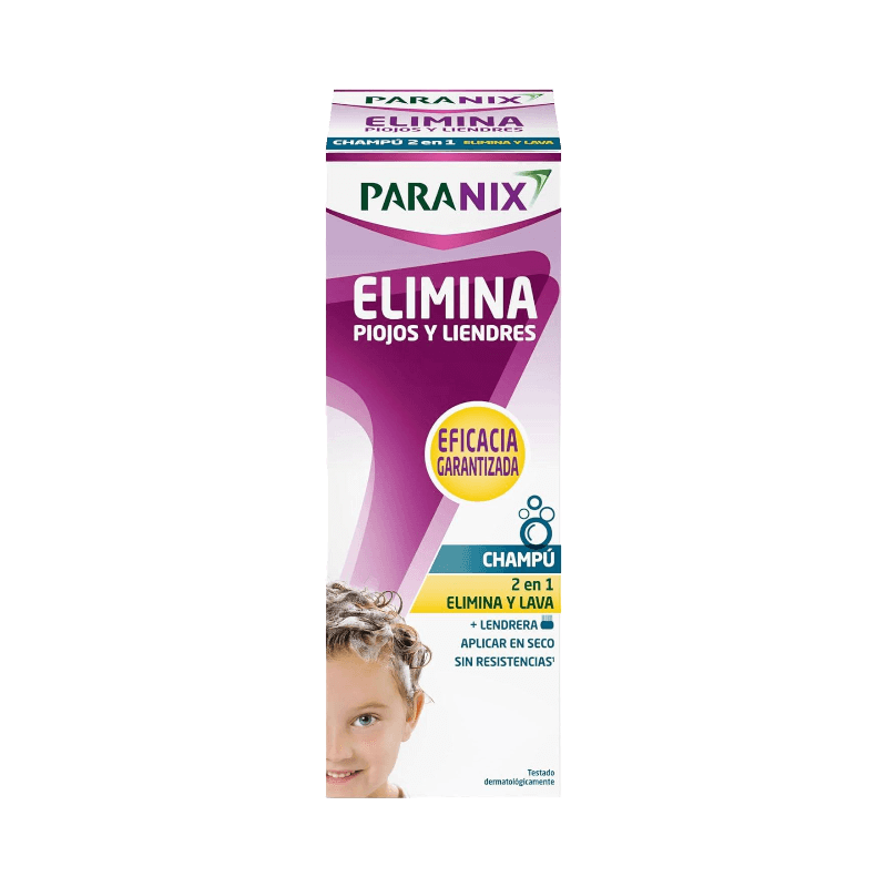 Paranix schampo som eliminerar löss och gnetter med 2-i-1 funktion för rengöring och skydd.