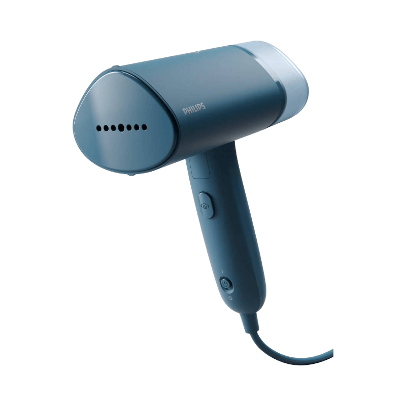 Philips blå handhållen steamer med sladd, kompakt design för snabb uppfräschning av kläder och textiler.