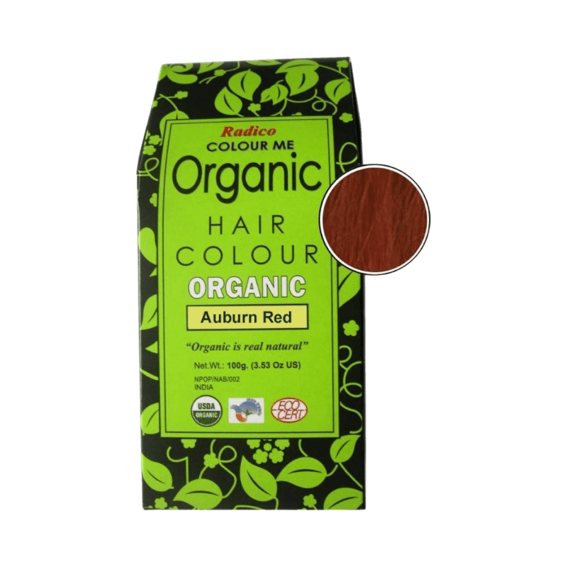 Radico Colour Me Organic Auburn Red hårfärg med naturlig rödbrun ton och ekologiska certifieringar.