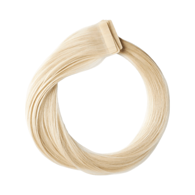 Tape-on löshår i platina blond färg med färdiga tejpfästen för enkel insättning