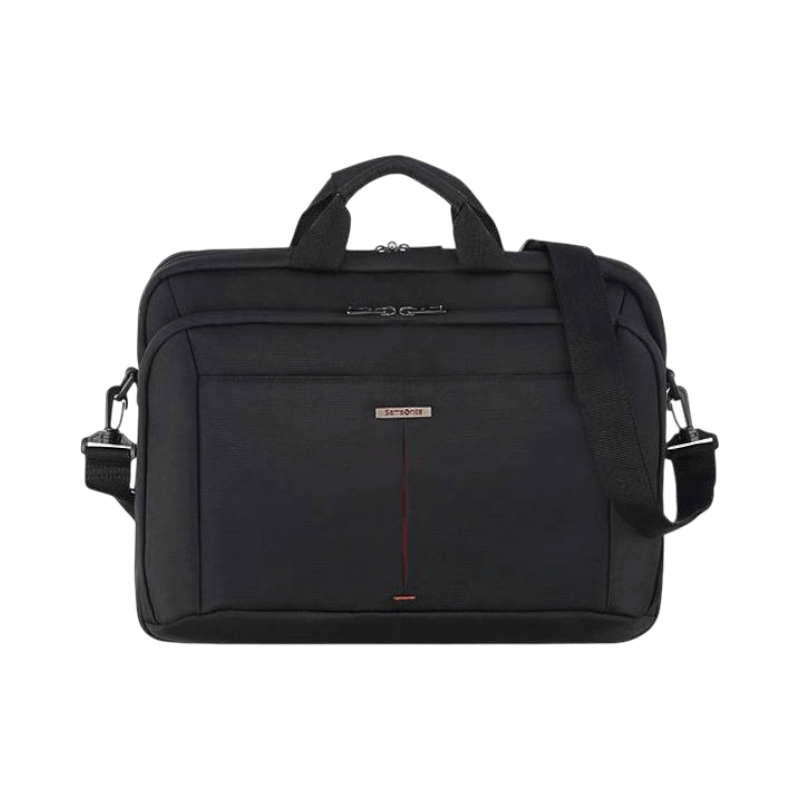 Praktisk svart Samsonite-väska med flera fack, perfekt för pendling och resor.