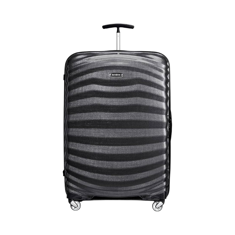 Svart Samsonite-resväska med vågformad yta och fyra spinnerhjul.