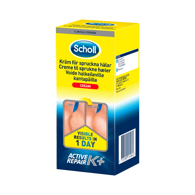 Scholl Active Repair K+ 120 ml kräm för spruckna hälar med synliga resultat redan efter en dag.