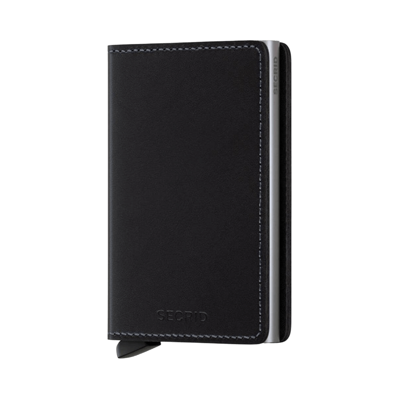 Secrid Slimwallet i svart läder med smart knappfunktion och RFID-skydd