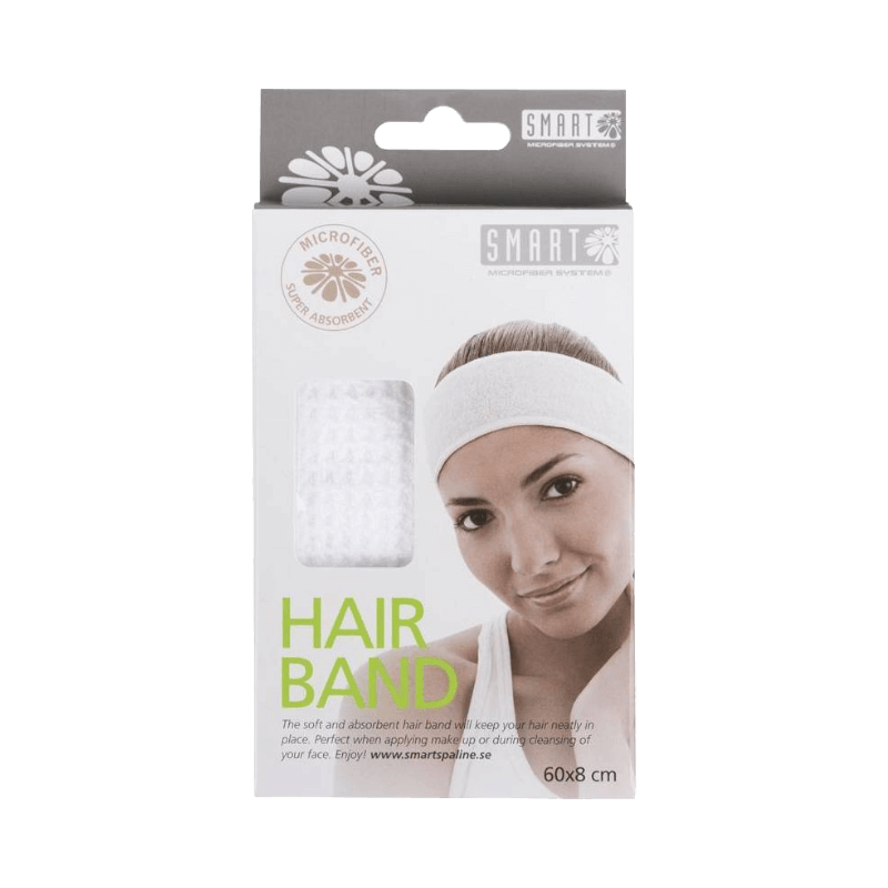 Förpackning med vitt spa-hårband i superabsorberande mikrofiber för ansiktsvård.