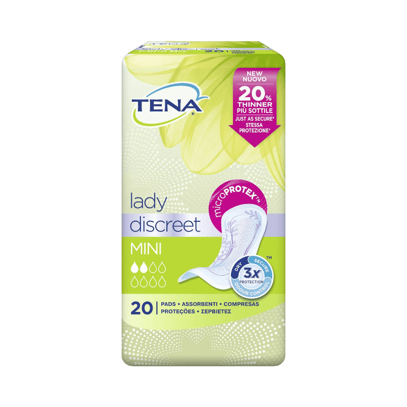 TENA Lady Discreet Mini med microPROTEX för lätt urinläckage och diskret skydd.