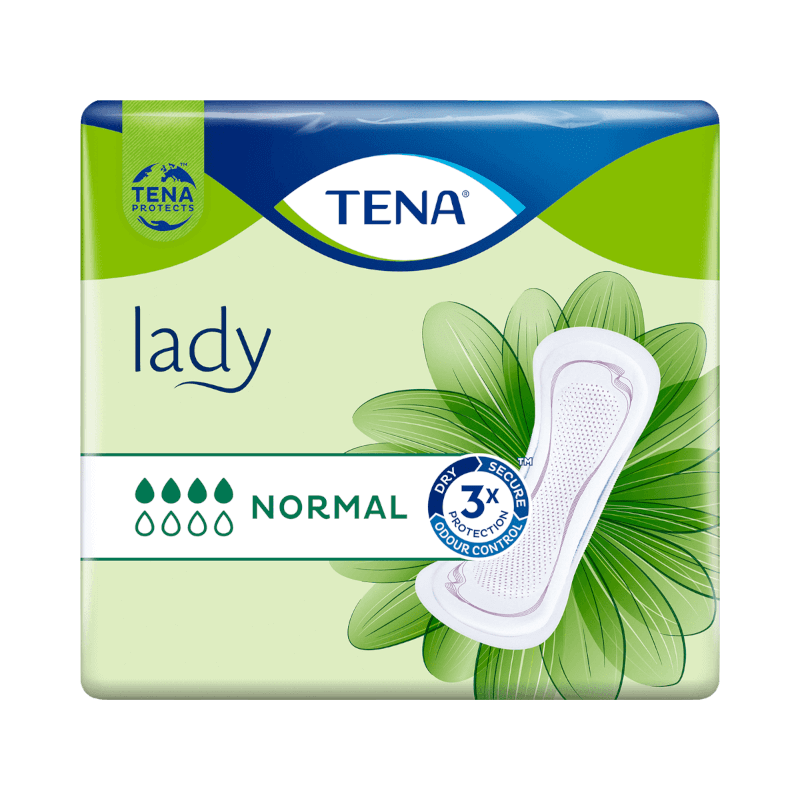TENA Lady Normal inkontinensskydd med 3x skydd för torrhet, säkerhet och luktkontroll.
