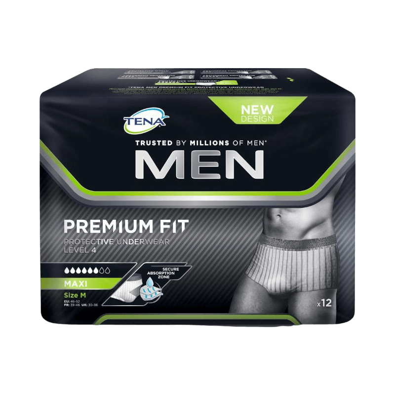 TENA Men Premium Fit är skyddande kalsonger med hög absorptionsförmåga och diskret passform.