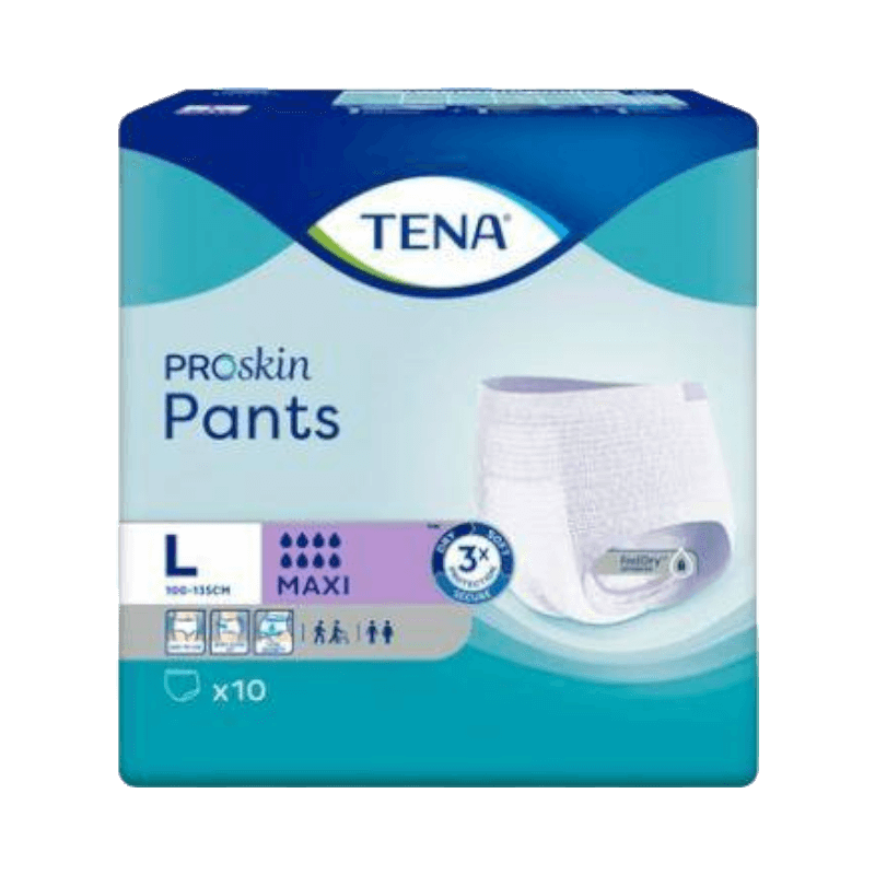 TENA ProSkin Pants Maxi är mjuka inkontinenstrosor med hög absorptionsförmåga.