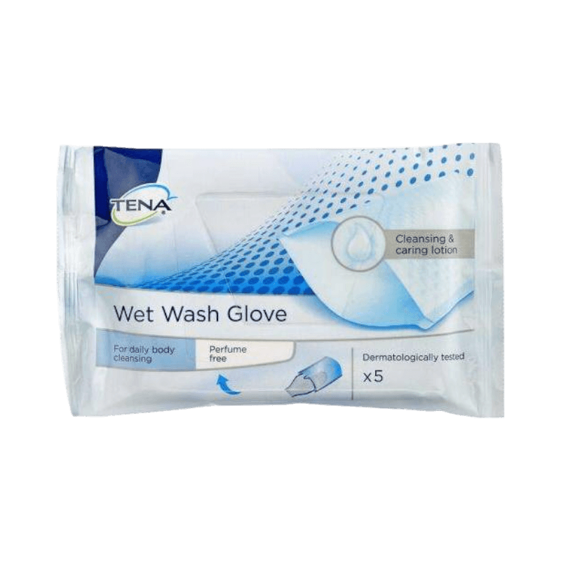 TENA Wet Wash Glove för daglig kroppsrengöring, oparfymerad och hudvänlig, 5-pack.