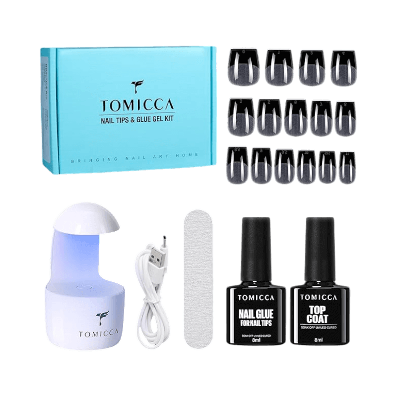 TOMICCA nagelförlängningskit med lim, tippar, UV-lampa och verktyg