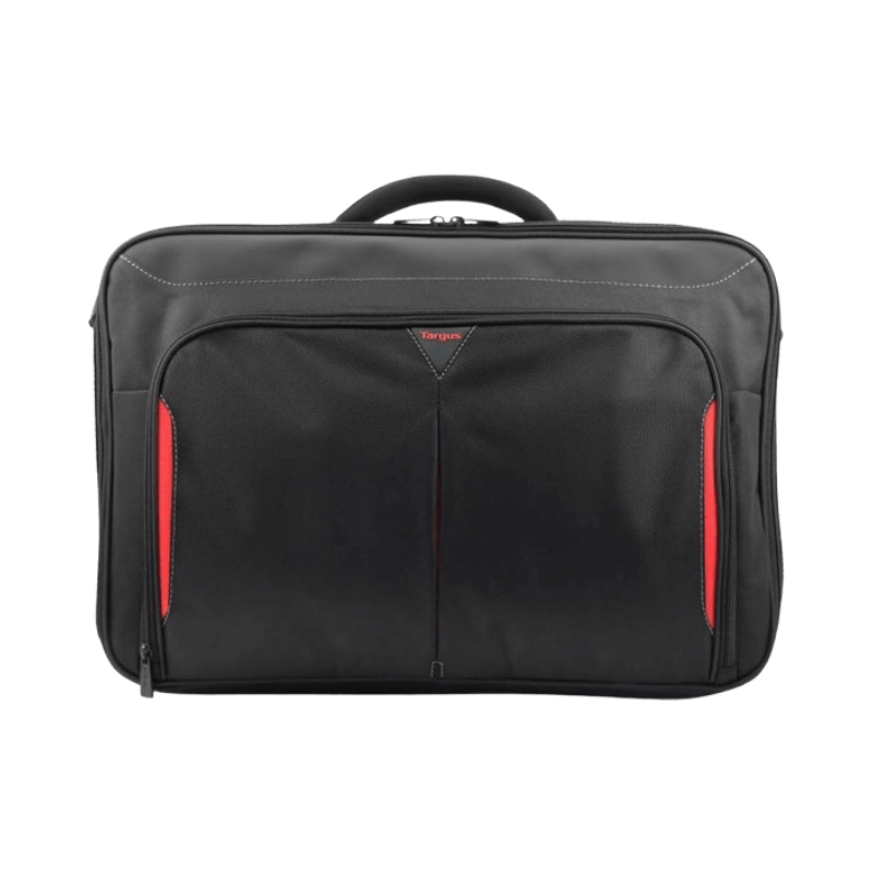 Targus Classic+ Clamshell laptopväska 17–18 tum med röda detaljer och extra förvaring