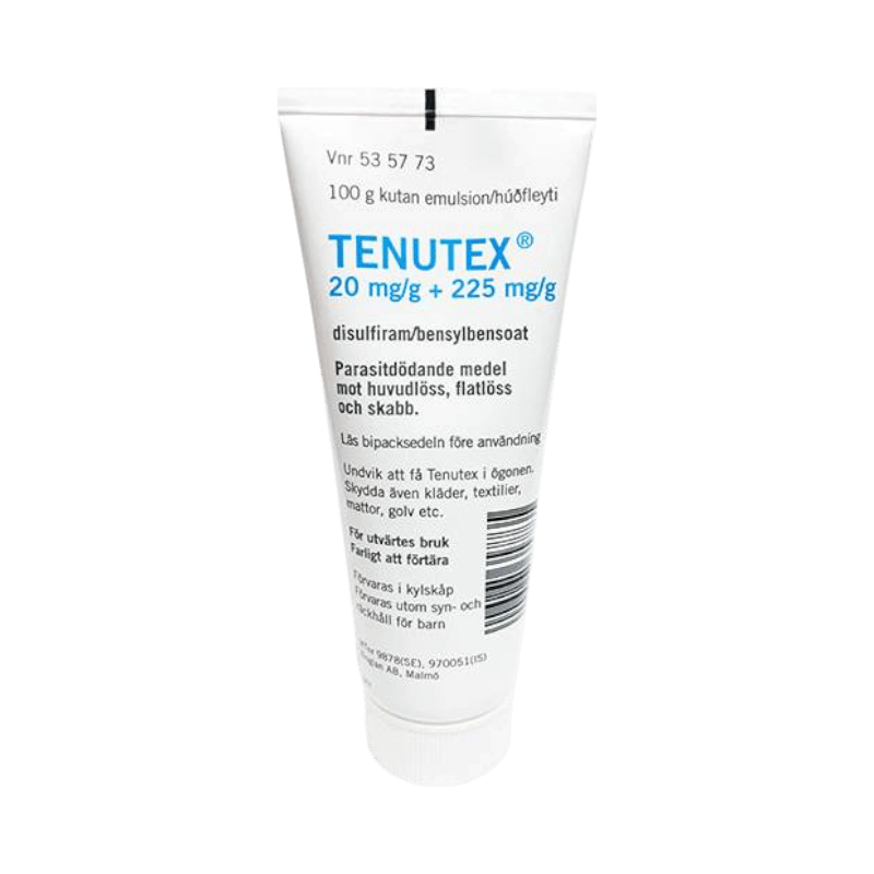 Tenutex emulsion 100g för behandling av huvudlöss, flatlöss och skabb – parasitdödande.
