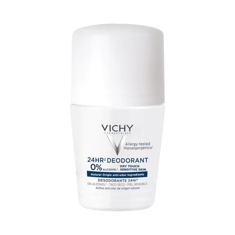 Vichy 24h deodorant utan aluminium, alkoholfri och skonsam för känslig hud, med naturliga ingredienser.