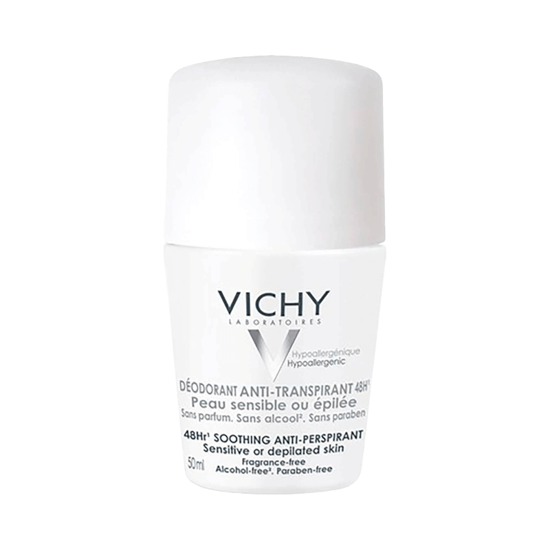 Vichy 48h antiperspirant roll-on för känslig eller rakad hud, fri från alkohol och parfym, 50 ml.