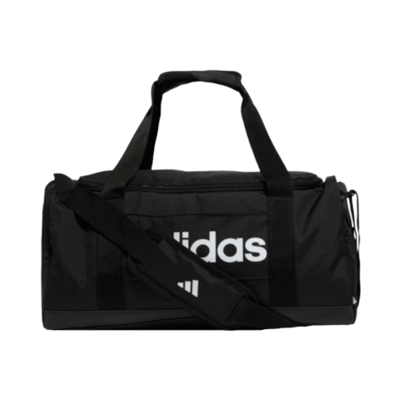 Svart adidas duffelväska med vit logotyp och justerbar axelrem.