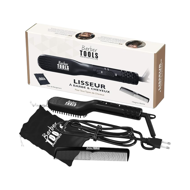 Barber Tools 2-i-1 skägg- och hårplattång med tillbehör, resepåse och kam inkluderad.