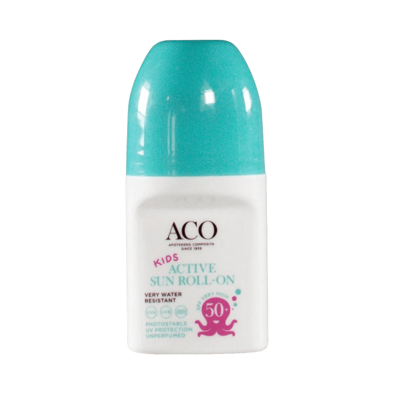 ACO Kids solskydd SPF 50+ roll-on med mycket vattenresistent formula, lätt att applicera för barn.