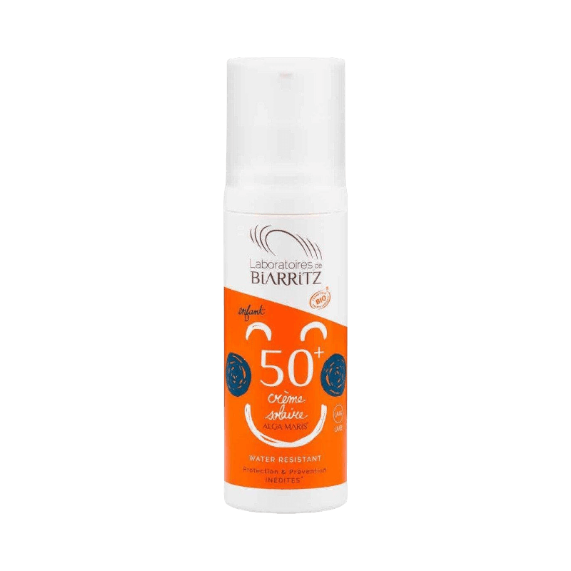 Ekologisk solkräm för barn SPF 50+ från Alga Maris i praktisk pumpflaska, vattenresistent och parfymfri.