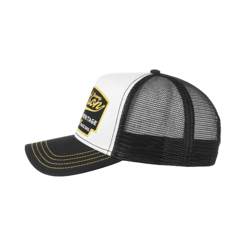 Truckerkeps med vit front, svart mesh och gul text med retroinspirerad design.