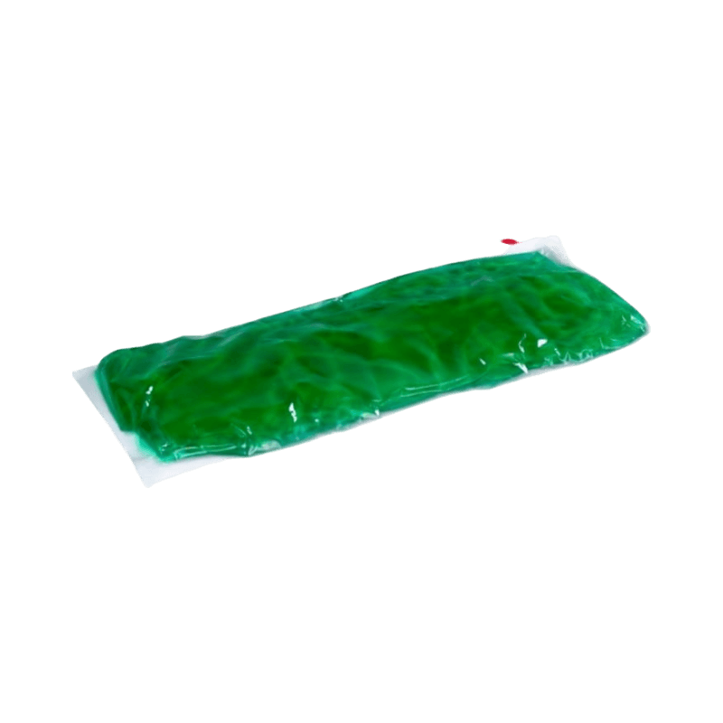 Grön gelkudde för varm- och kylbehandling av rygg, nacke eller leder vid smärta och inflammation.