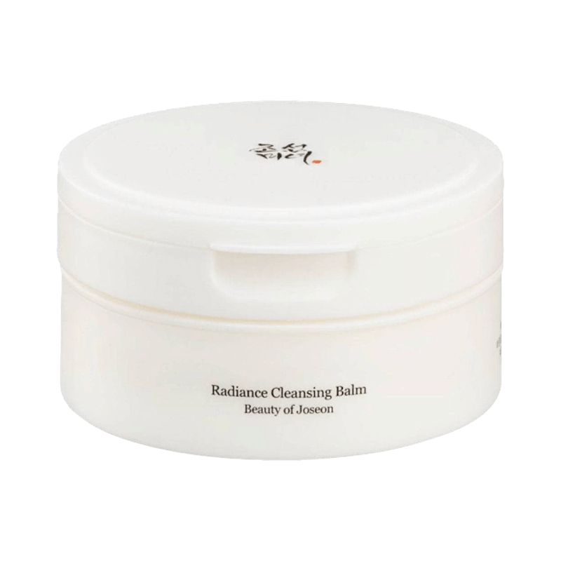 Vit burk med Beauty of Joseon Radiance Cleansing Balm för skonsam rengöring och lyster.