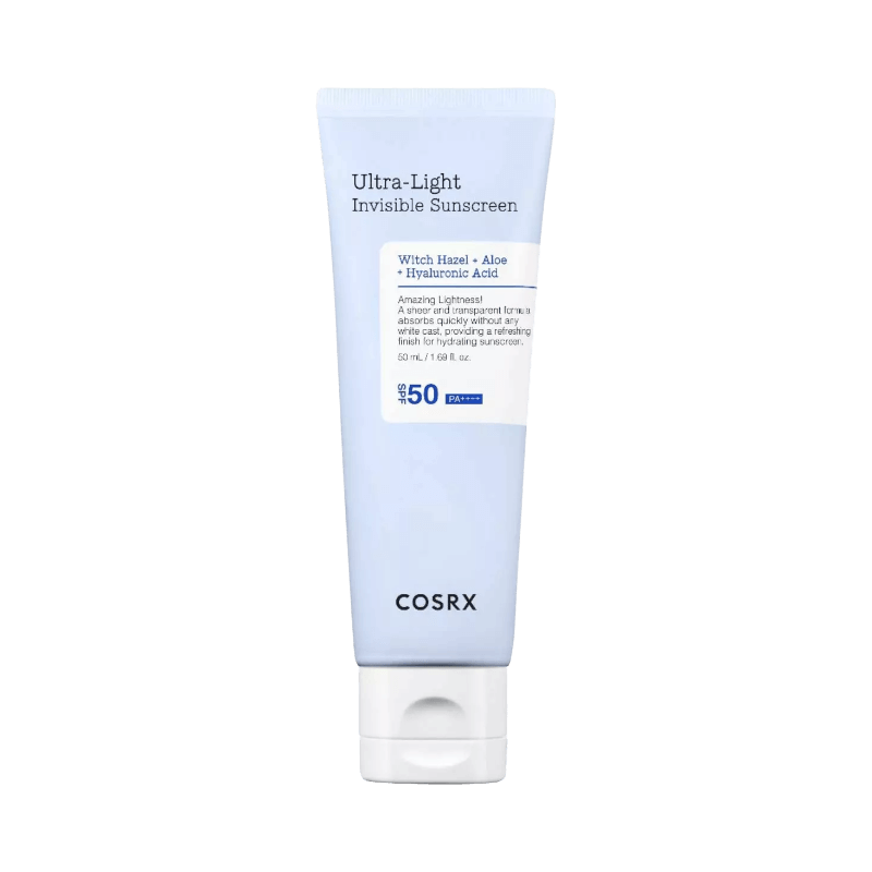 COSRX Ultra-Light Invisible Sunscreen SPF50 med aloe och hyaluronsyra för lätt solskydd.