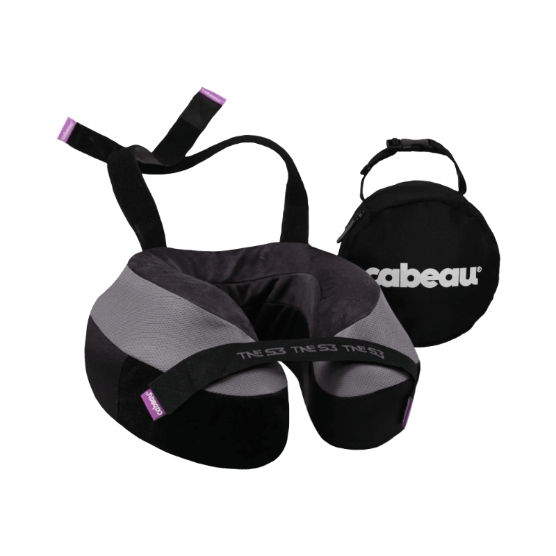 Ergonomisk nackkudde från Cabeau med justerbara band och förvaringspåse för bekväm resa.