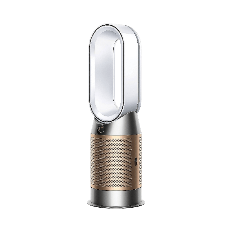 Dyson luftrenare med fläktfunktion, bladlös design och kopparfärgad metallbas.
