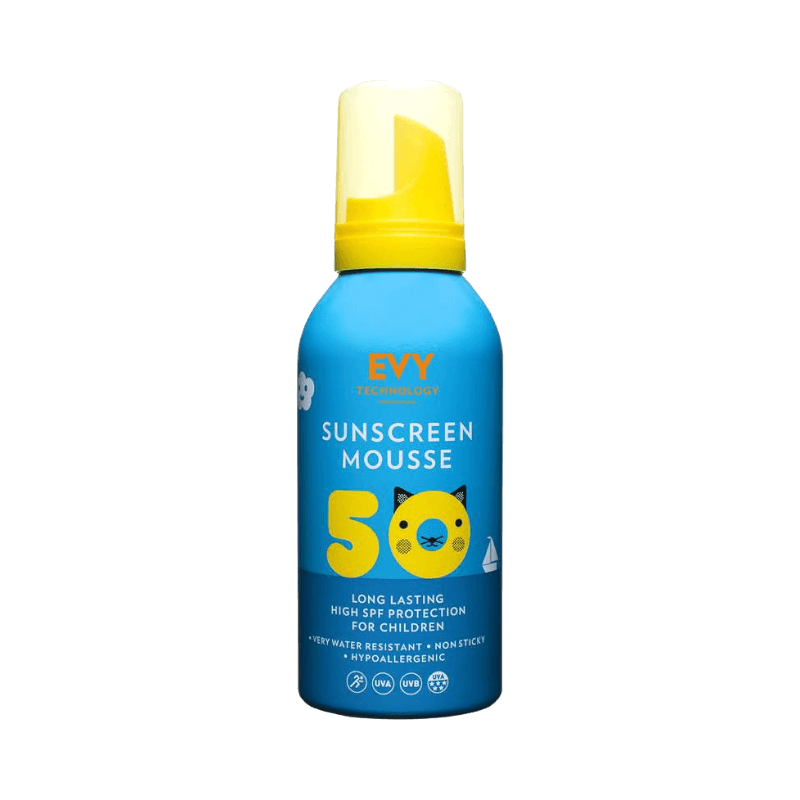 EVY Sunscreen mousse för barn SPF 50 med långvarigt skydd, hypoallergen och kladdfri formula.