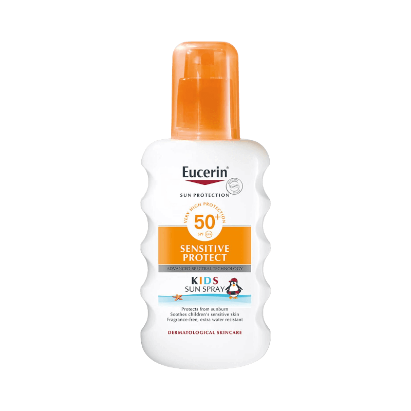 Eucerin solspray SPF 50+ för barns känsliga hud, extra vattenresistent och parfymfri formula.