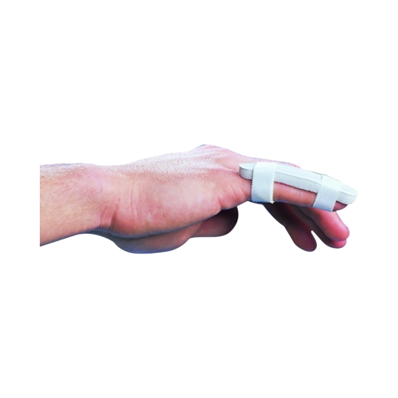 Fingerskena i plastalume som stabiliserar skadad fingerled, polstrad för extra komfort vid användning.