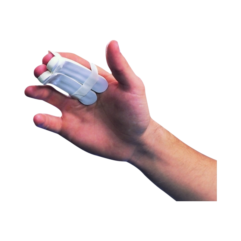 Böjbar fingerskena i plastalume med mjuk polstring för fixering av brutna eller skadade fingrar.