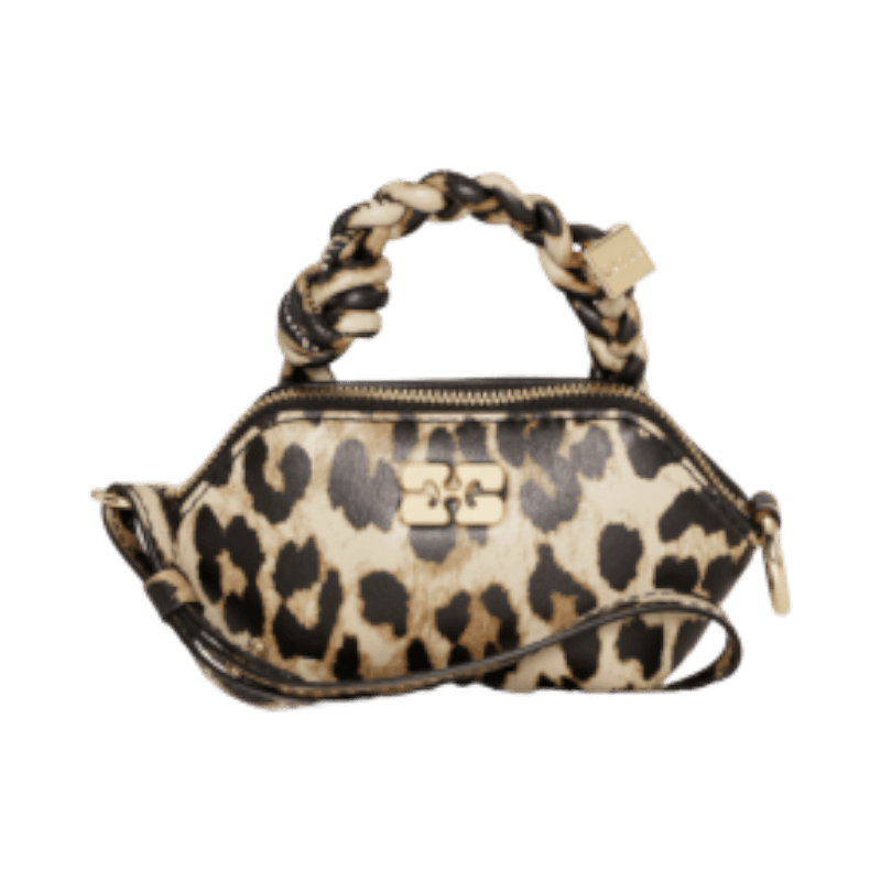 Ganni Bou Bag Nano i leopardmönster med flätat handtag och axelrem