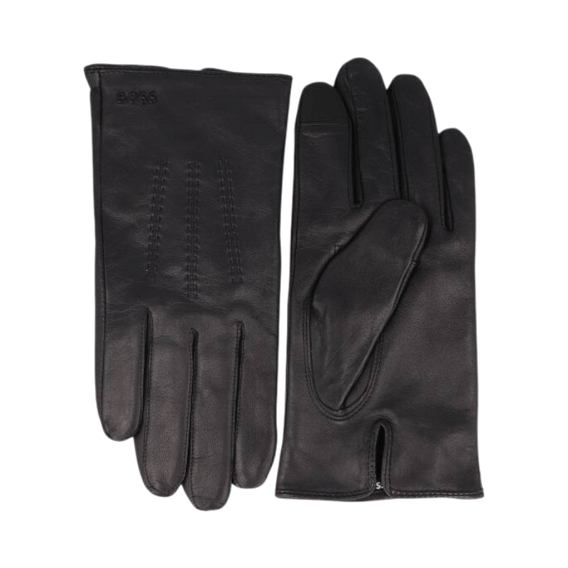 Svarta läderhandskar från Hugo Boss med touchfunktion – elegant design och praktisk vinterhandske.