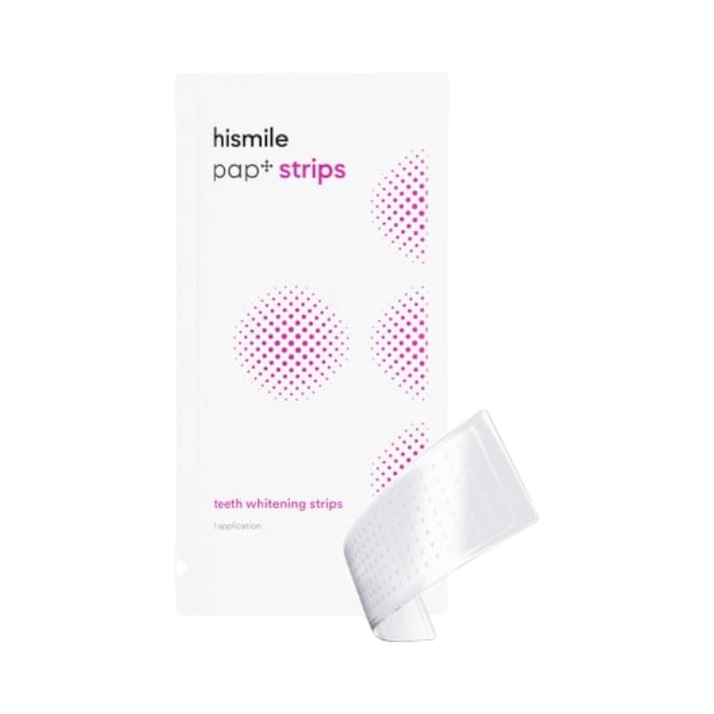 HiSmile PAP+ tandblekningsremsor i vit förpackning med rosa detaljer och en remsa synlig.