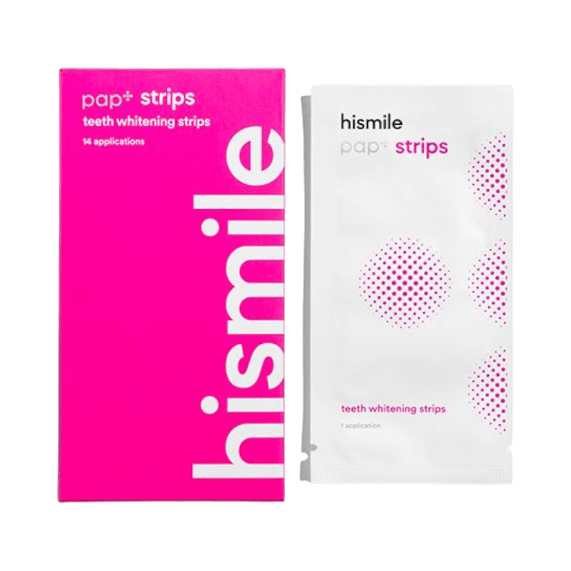 HiSmile PAP+ teeth whitening strips med rosa förpackning och 14 applikationer.