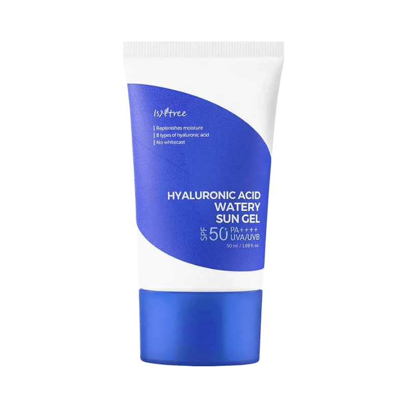 Isntree Hyaluronic Acid Watery Sun Gel SPF50 återfuktar huden och ger högt solskydd.