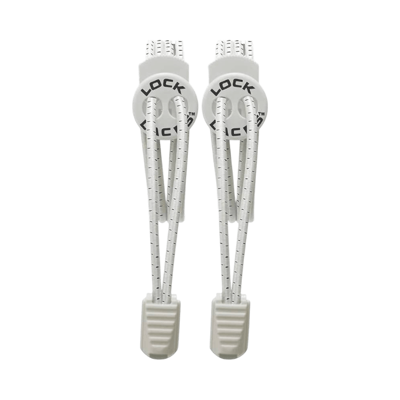 Vita elastiska snabbsnören från Lock Laces med reflex, perfekta för barn eller träning.