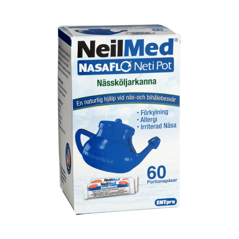 NeilMed NasaFlo blå nässköljarkanna med 60 portionspåsar för näs- och bihålesköljning